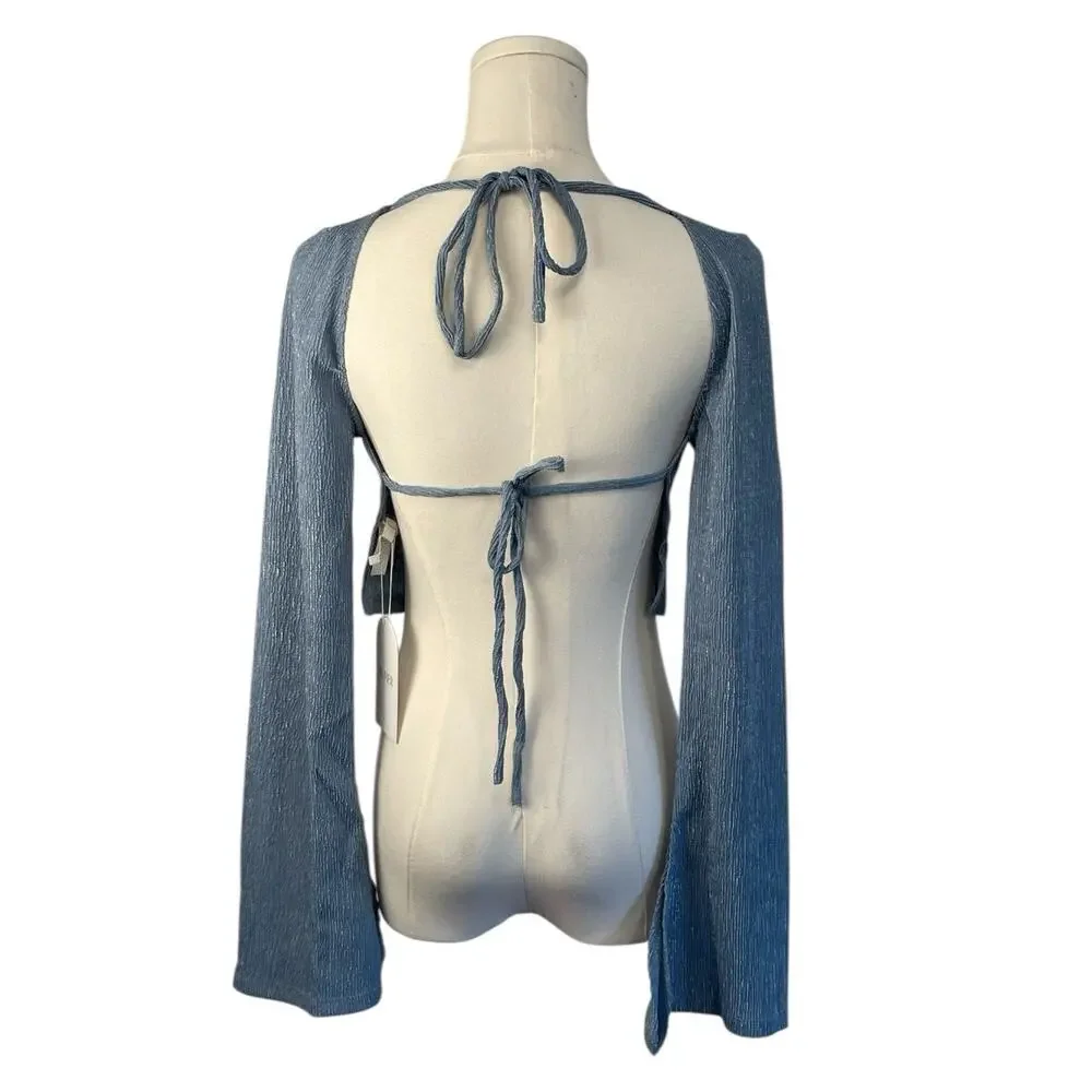 NWT Revolve x Rumer Tucker Blue Long Sleeve Cropped Top Womens Size Extra Small - Picture 3 of 7